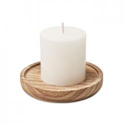 Candle on round wooden base...