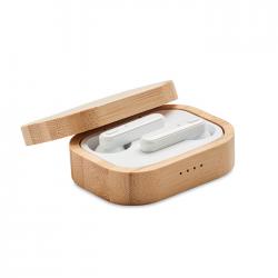 Tws earbuds in bamboo case...