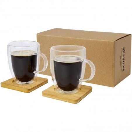 Manti 2-piece 350 ml double-wall glass cup with bamboo coaster 