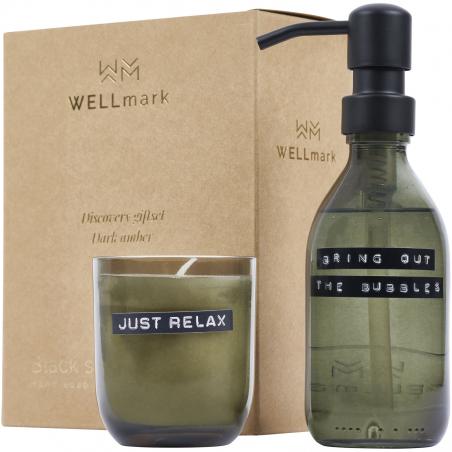 Wellmark discovery 200 ml hand soap dispenser and 150 g scented candle set - dark amber fragrance 