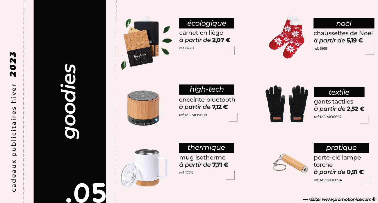 goodies articles personnalisés hiver 2023 chausettes de nöel gants carnet écologique mug isotherme à personnaliser porte-clé lampe 